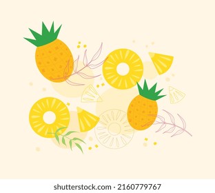 Bright, summer, yellow background with pineapple and tropical palm leaves. Hello, summer! Banner, postcard, poster, template, print.