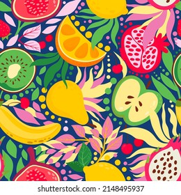 Bright, summery fruit mix. Seamless pattern. Modern exotic design for wrapping, wallpaper, fabric, decoration print, interior decor and more