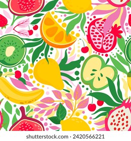 Bright, summery fruit mix. Seamless pattern. Modern exotic design for wrapping, wallpaper, fabric, decoration print, interior decor and more