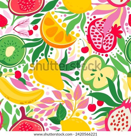 Bright, summery fruit mix. Seamless pattern. Modern exotic design for wrapping, wallpaper, fabric, decoration print, interior decor and more