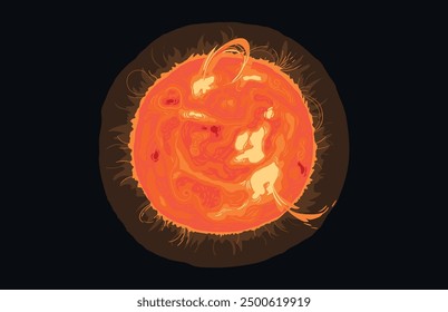 Bright Sun against dark starry sky in Solar System. vector sun in a space background. Sun with rays bursts and glow on space background.