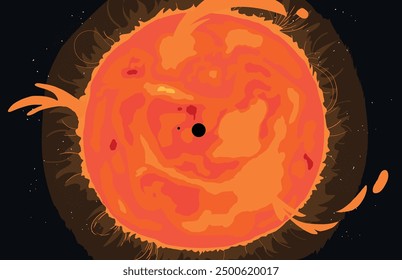 Bright Sun against dark starry sky in Solar System. vector sun in a space background. Sun with rays bursts and glow on space background.