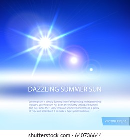 Bright sun in the blue sky. Background of sunlight. Shining vector illustration.