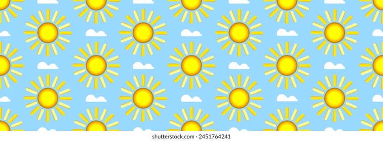 Strahlende Sonne am blauen Himmel. Nahtloses Muster.