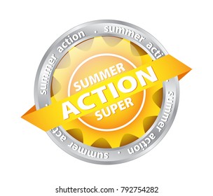 Bright sun button (tag) with summer super action on white, stock vector illustration