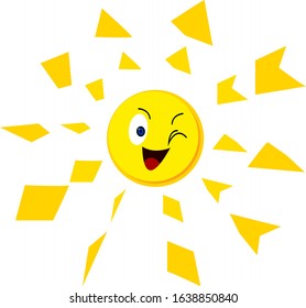 Bright sun cartoon character winks and smiles beautiful patterns rays object on a white background concept of nature and environment