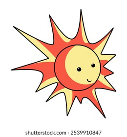 Bright sun in cartoon style. This vector image showcases a cheerful, stylized sun with a friendly face. The sun has large, expressive eyes and a wide smile, exuding warmth and happiness.
