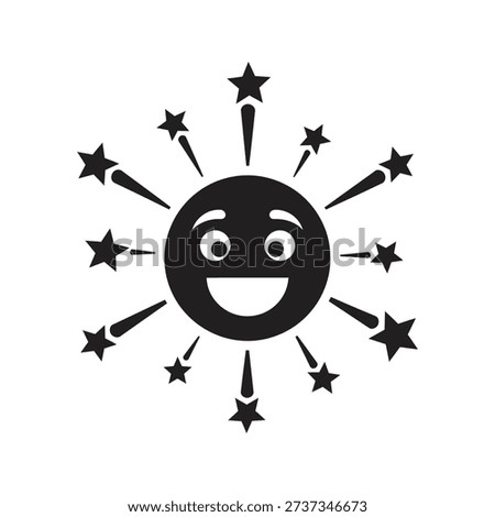 Bright sun character smiling with radiating stars showing happiness joy positivity celebration festive mood weather symbol summer icon design