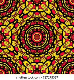 bright sun color background with mandala ornament. vector illustration. seamless pattern