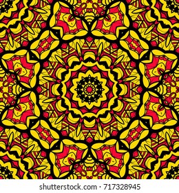 bright sun color background with mandala ornament. vector illustration. seamless pattern