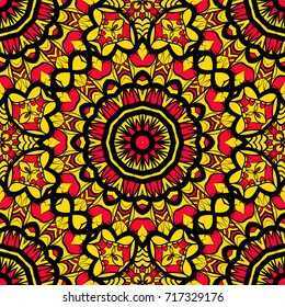 bright sun color background with mandala ornament. vector illustration. seamless pattern