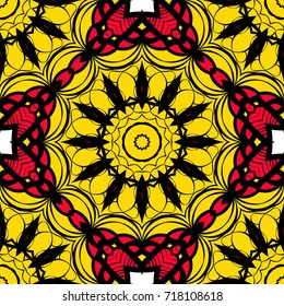 bright sun color background with mandala ornament. vector illustration. seamless pattern