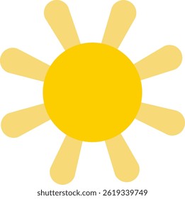 A bright sun is depicted with a flat style and rounded rays.  The celestial body shines with simple shapes, creating a cheerful summer icon. Cartoon vector illustration