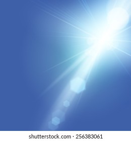 Bright sun flare in deep blue sky. Vector design.
