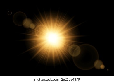 Bright sun flare with radiant glow and vibrant sunbeam. Abstract sunlight effect with golden rays and shiny burst. Perfect for summer, nature and energy themed designs. Vector illustration.