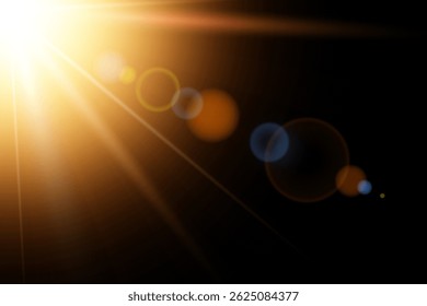 Brillante destello de sol con rayos radiantes y brillante efecto de luz solar. Brillo dorado con haz transparente. Perfecto para el verano, la naturaleza o el Clima. Ilustración vectorial.