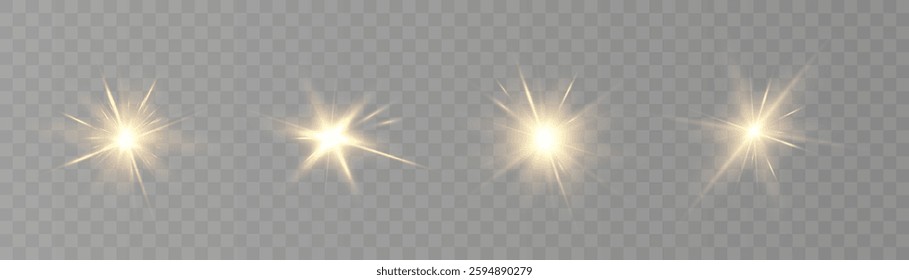 Bright sun of flickering rays on transparent background. Abstract golden glow in horizontal projection. Star, sun, glare, refraction.