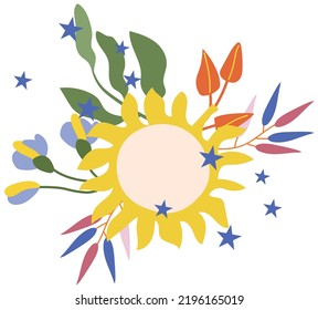 Bright sun with flowers, colorful leaves, berry. Magical illustrations for your as creating card, banner, birthday and other holidays. Vector