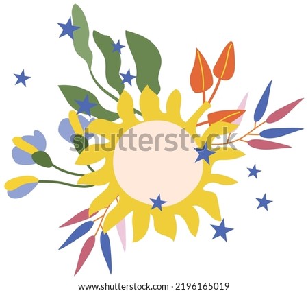 Bright sun with flowers, colorful leaves, berry. Magical illustrations for your as creating card, banner, birthday and other holidays. Vector