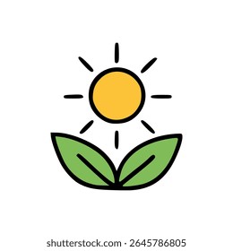 Bright Sun and Green Leaves Flat Icon Representing Renewable Energy and Eco-Friendly Nature Concept