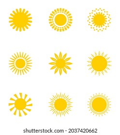 Bright sun icons set vector. Sunset logo in various design on white isolated background.. Sun icon silhouette. Climate, weather elements.