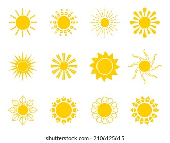 Bright sun icons set vector. Sunset logo in various design on white isolated background. Yellow sun icon silhouette. Climate, weather, rays elements.