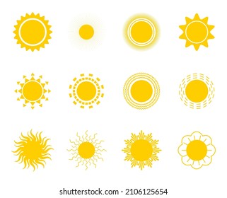Bright sun icons set vector. Sunset logo in various design on white isolated background. Yellow sun icon silhouette. Climate, weather, rays elements.
