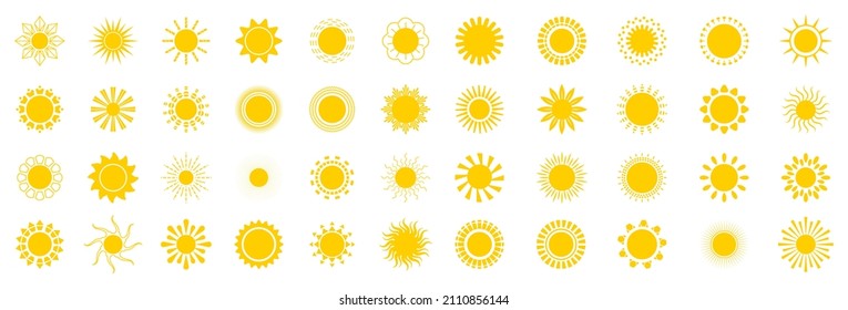 Bright sun icons set vector. Sunset logo in various design on white isolated background. Yellow suns icon silhouette in big collection. Climate, weather, rays elements.