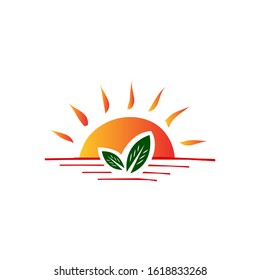 bright sun and leaf for green farm logo design vector illustrations