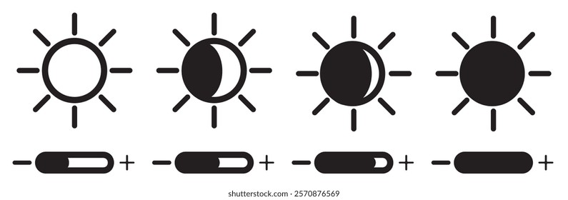 Bright sun light Contrast icon set. Screen contrast level. Vector illustration.