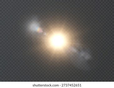 Bright sun light with warm glow and lens flare glare, isolated on transparent background. Vector sunlight effect with halos, rays and bokeh.
