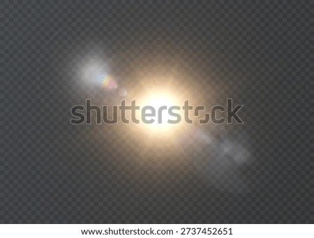 Bright sun light with warm glow and lens flare glare, isolated on transparent background. Vector sunlight effect with halos, rays and bokeh.