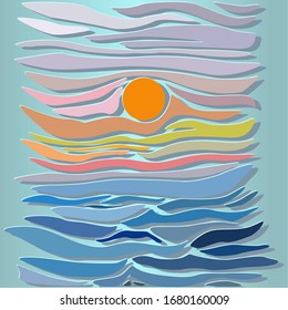 Sol brillante sobre fondo marino. Gran mar con sol. Corte de papel