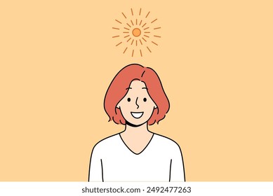 Bright sun over woman enjoying good weather and onset of summer season after winter. Girl in casual t-shirt smiles and looks at screen, standing under small sun, symbolizing emergence idea in head