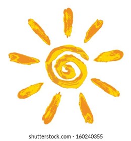 bright sun painted yellow and orange colors on a white background 