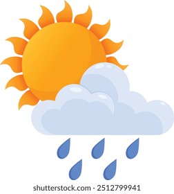 Um sol brilhante parcialmente obscurecido por nuvens com gotículas de chuva abaixo, simbolizando condições climáticas mistas, como intervalos ensolarados com chuvas.