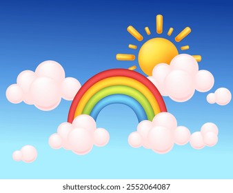Bright sun, rainbow, and fluffy clouds on a blue gradient background, symbolizing positivity and brightness. Perfect for weather apps and cheerful designs. Vector illustration.