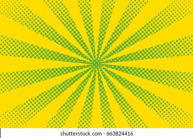 Bright sun rays background with yellow dots. Abstract comic background with halftone dots design. Vector illustration.