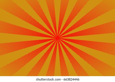 Bright sun rays background with yellow dots. Abstract comic background with halftone dots design. Vector illustration.