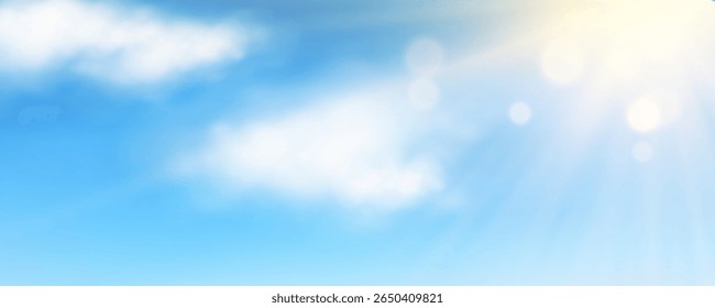 Raios de sol brilhantes, bokeh e nuvens brancas fluffy realistas no fundo do céu azul. Céu paisagem para banner de verão, cartão, capa e cartaz. Conceito de paisagem em nuvem. Manhã ensolarada. Ilustração vetorial