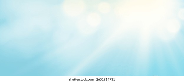Bright sun rays, bokeh and white clouds on blue sky background. Heaven landscape for summer banner, cover, poster. Concept cloudscape. Natural overlay effect. Sunny weather. Vector illustration