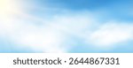 Bright sun rays and realistic white fluffy clouds on light blue sky background. Natural summer sunset or sunrise concept. Spring, winter, autumn morning. Sunny heaven landscape. Vector illustration