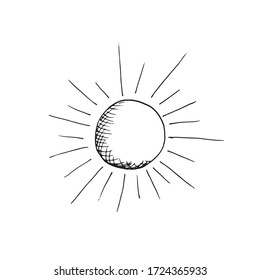 Bright sun with rays sketch isolated on white background. Hand drawn vector illustration in doodle style. Good sunny weather, time for walking, tanning, sunbathing, swimming, hello summer