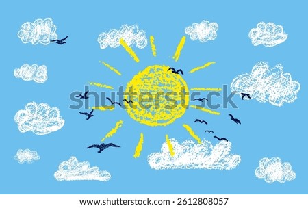 Bright sun with rays. Sunny blue sky and silhouette of a flock of birds. Colorful wax pencil kids drawing cloudy landscape. Vector naive and funny design element. Funky doodle for childish collage