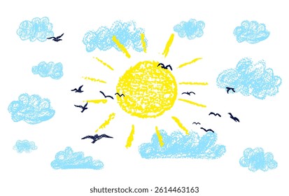 Bright sun with rays. Sunny sky and silhouette of a flock of birds. Colorful wax pencil kids drawing cloudy landscape. Vector naive and funny design element. Funky doodle for childish collage