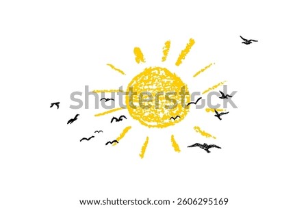 Bright sun with rays. Sunny sky and silhouette of a flock of doves or seagulls. Colorful wax pencil kids drawing landscape. Vector naive and funny design element. Funky doodle for childish collage