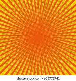 Bright sun rays with yellow dots. Abstract comic background with halftone dots design. Vector illustration.