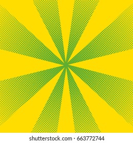 Bright sun rays with yellow dots. Abstract comic background with halftone dots design. Vector illustration.