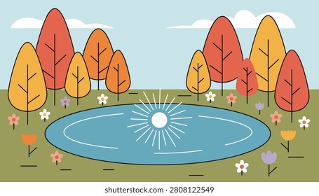 Bright sun reflecting on a calm blue pond in a beautiful autumn forest park filled with colorful trees and flowers.