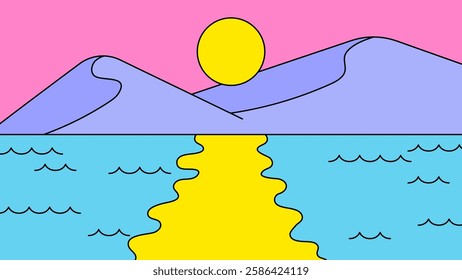 Bright sun rising over mountains and shimmering water in a playful, colorful cartoon hand drawn vector